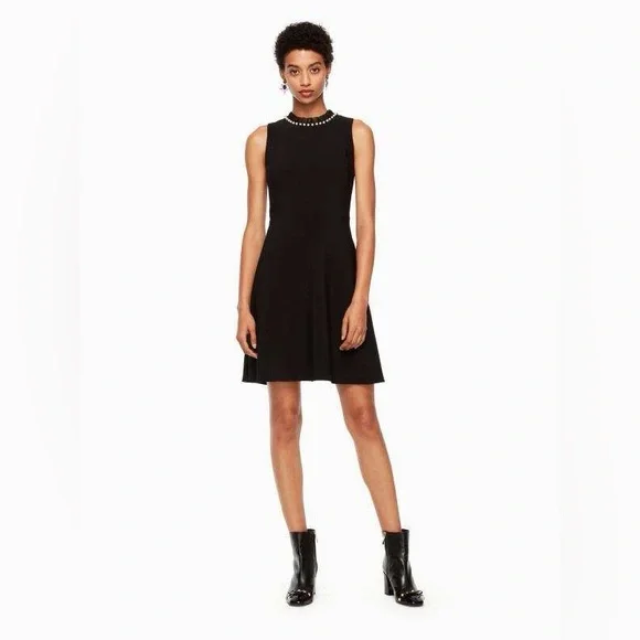 NWT Kate Spade Pearl Embellished Crepe A-Line Dress, Black